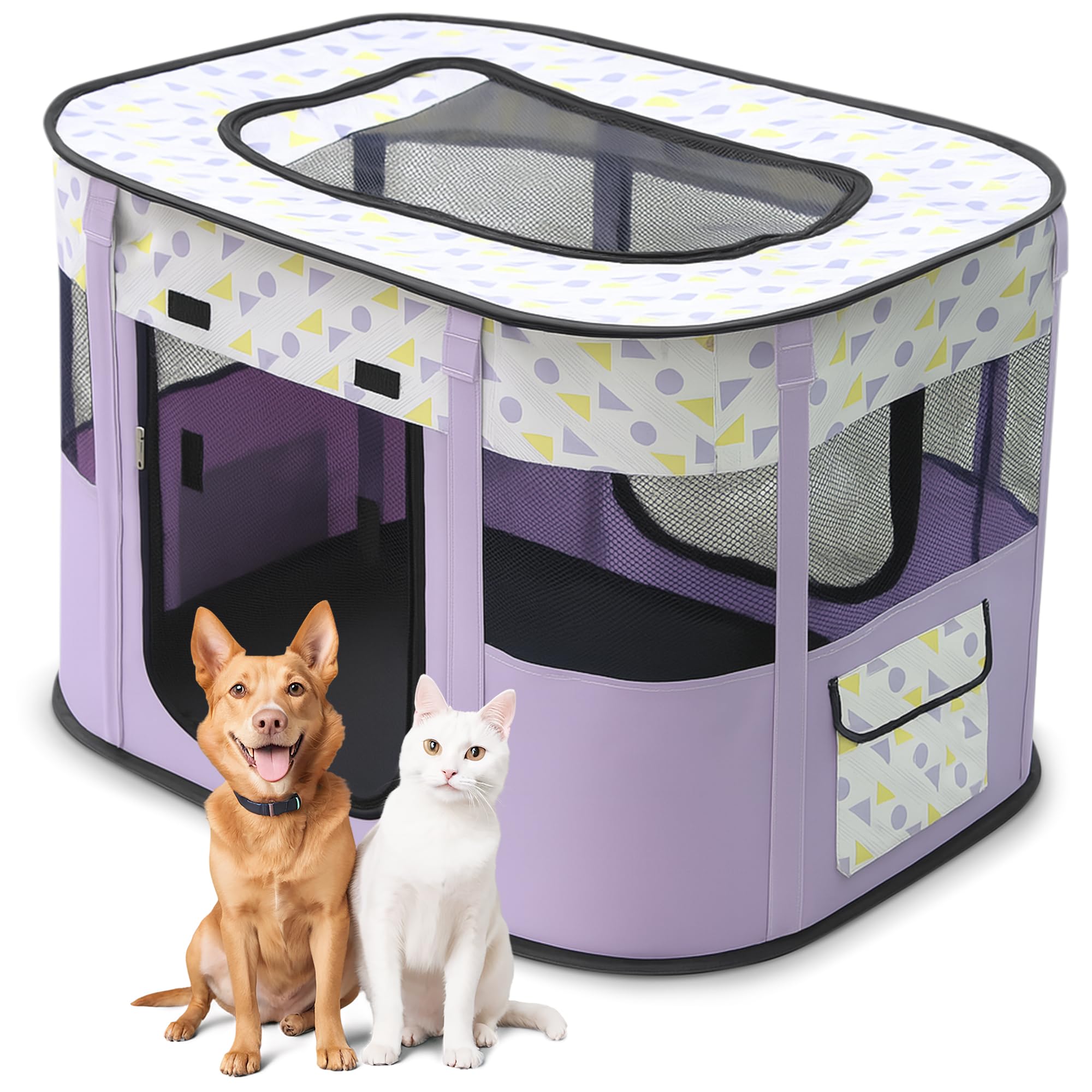 ALLSOPETS Cat Playpen for Dog, Foldable Pet Play Pen for Indoor Outdoor Use, Portable Dog Cat Crate Tent for Puppies Kittens, Pop-Up Pet Cage for Travel Camping (Purple Dots, M)