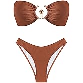 ZAFUL Womens Bandeau Bikini Set Metallic Sparkly O Ring Lace Up Tie Side High Cut Tanga Sexy Bathing Suit Swimwear