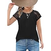 Arshiner Girls Shirts Short Sleeves Lace Pleated Kids Summer Tops Casual Crewneck Blouses Tees