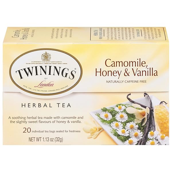 TWININGS TEA, CAMOMILE, HONEY & VANILLA – COMFORTING CAFFEINE FREE BLEND, TWININGS CAMOMILE TEA BAGS WITH HONEY & VANILLA, SOOTHING TWINING SLEEP TEA BEVERAGE, 20 COUNT