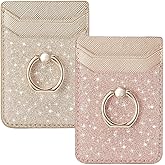 BIAJIYA Phone Card Holder Stick on Back of Phone Case, RFID-Blocking Sticky Phone Wallet with Ring Grip Stand, Glitter Adhesive Phone Card Wallet for iPhone, Samsung, Women and Girls