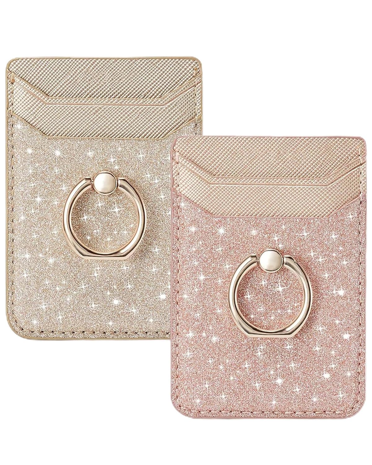 BIAJIYA Phone Card Holder Stick on Back of Phone Case, RFID-Blocking Sticky Phone Wallet with Ring Grip Stand, Glitter Adhesive Phone Card Wallet for iPhone, Samsung, Women and Girls