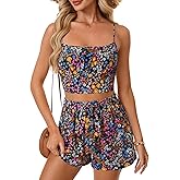 Vrtige Women's Two Piece Outfit Floral Print Crop Cami Top and Bow Tie Short Set