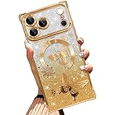 Illians Magnetic Case Made for iPhone 17 Pro 6.3 Inch (Compatible with MagSafe) Glitter Phone Case with Gold Butterfly Design Soft TPU Reinforced Corners Shockproof Bling Phone Cover for Women