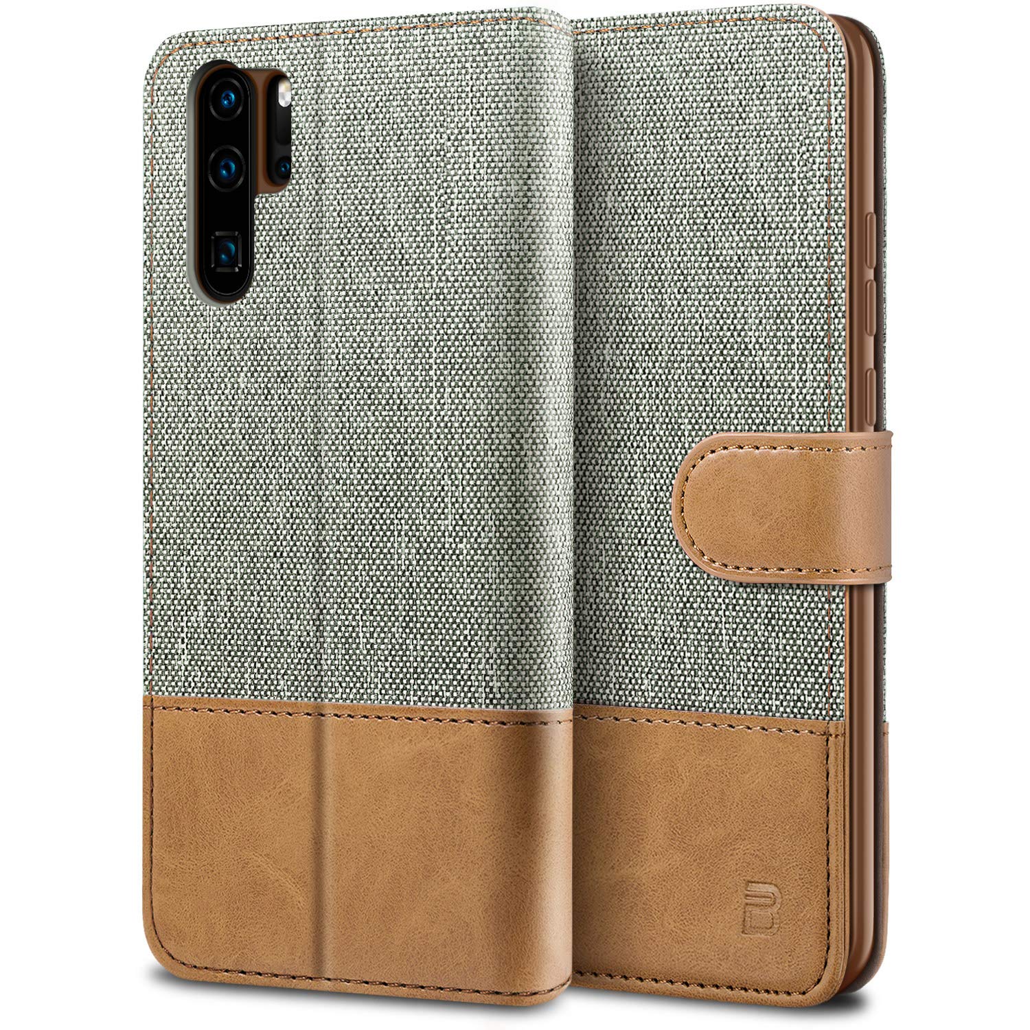 BEZ Huawei P30 Pro Case, Huawei P30 Pro Phone Case Compatible for Huawei P30 Pro, Wallet Cover [Canvas Faux Leather] with Credit Card Holders, Kick Stand, Magnetic Strap Closure, Gray