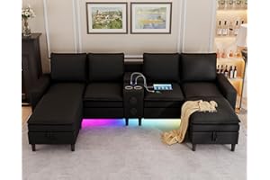 HYZQ Sectional Couches for Living Room, 4 Seat Sectional Sofa with Smart Module-Bluetooth Speaker/RGB Light/Charging Station, Teddy Fleece U Shaped Cloud Couch with Storage Ottoman (Black)
