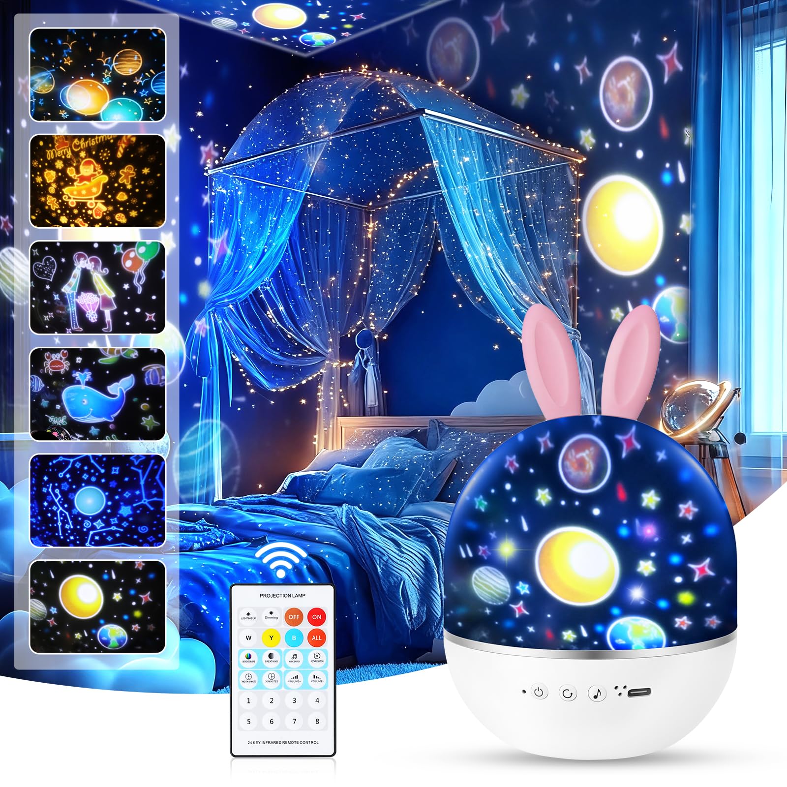 URAQT Star Light Projector with Music, Night Light Kids with Remote Control & Timer, 360° Rotation Star Projector Night Light Gift with 4 Light Modes/6 Projection Themes/7 Brightness/8 Kinds of Music