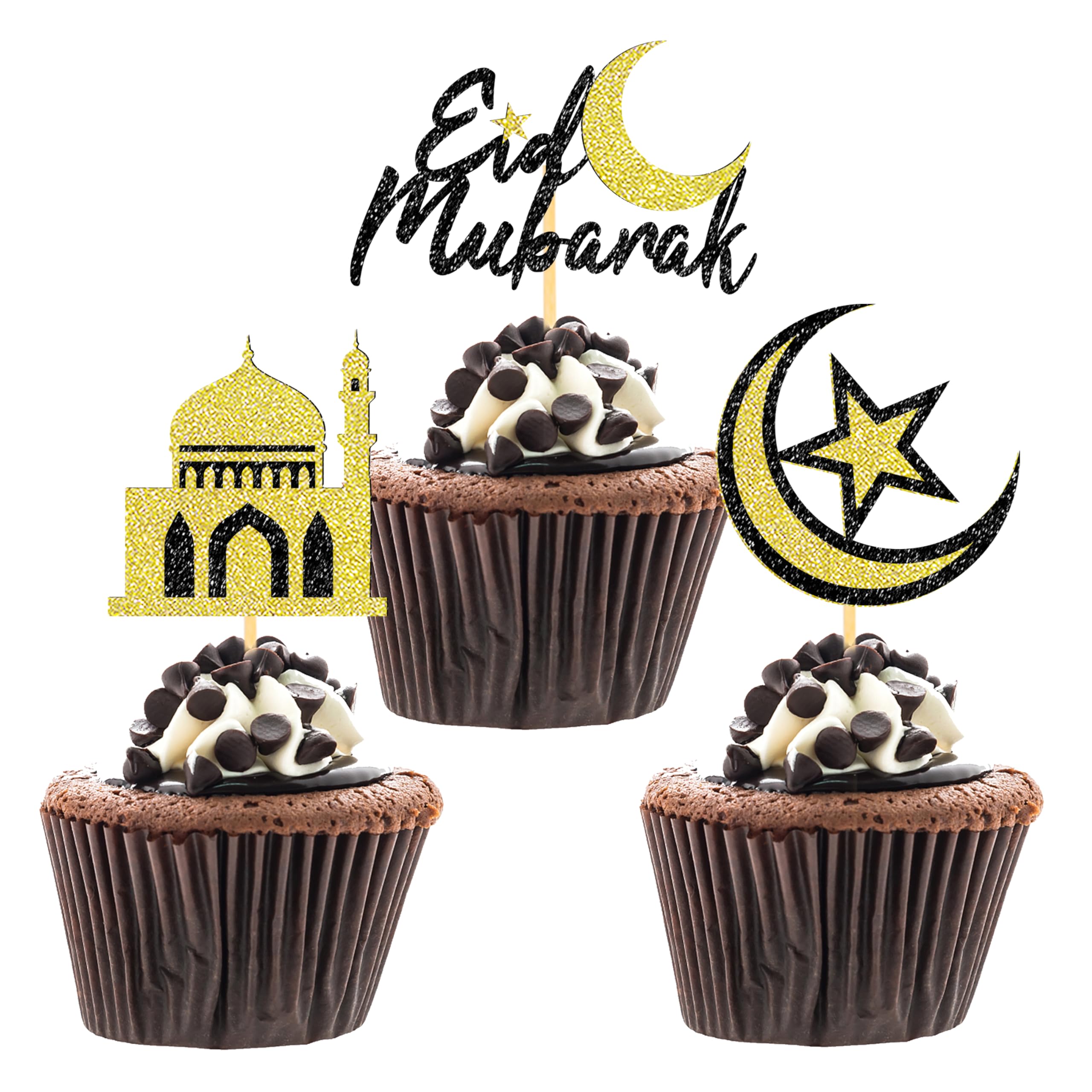 24 Pcs Eid Mubarak Cupcake Toppers, Glitter Ramadan Mubarak Cupcake Decoration Picks, Eid Decoration for Cake, Ramadan Decoration 2026 (Gold& Black-A)