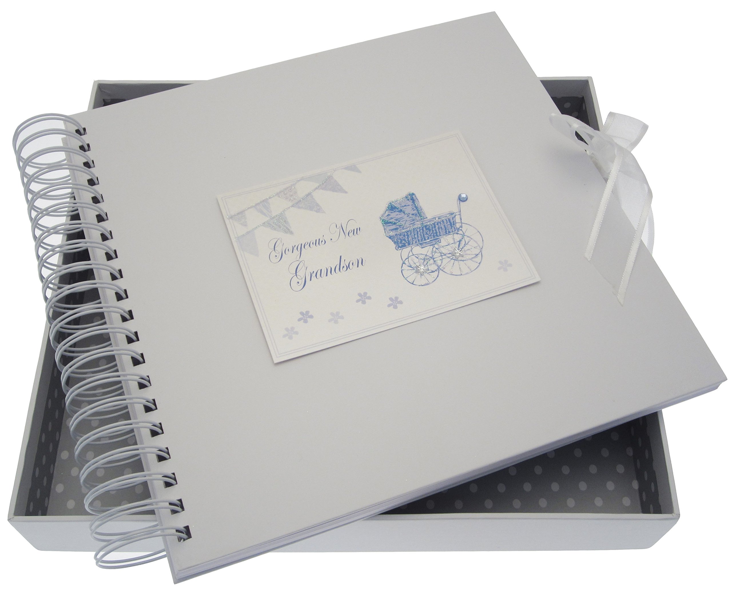 White Cotton Cards New Grandson Card/Memory Book (Blue Pram and Bunting)