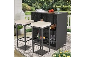 Furnivilla 3 Pieces Patio Bar Set with 2 Cushions Outdoor Bar Table Sets with Black Glass Top PE Wicker Rattan Outdoor Furniture Set for Garden, Poolside, Backyards or Lawn