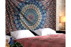 RAJRANG Blue Mandala Tapestry Queen 90 x 84 Inch Cotton Wall Hanging Bedspread Hippie Peacock Wall Tapestries