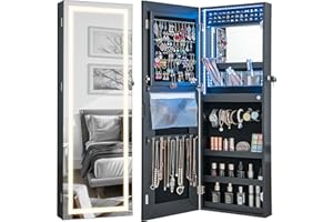 CHARMAID LED Mirror Jewelry Cabinet, Lockable Jewelry Armoire with Adjustable Lighted Full Length Mirror, 3 Lighting Sets, Wall Mounted Door Hanging Jewelry Storage Organizer (Black, 42.5''H)