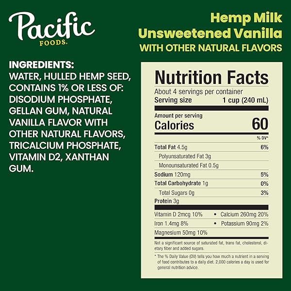 PACIFIC FOODS UNSWEETENED VANILLA HEMP MILK, PLANT BASED MILK, 32 OZ CARTON