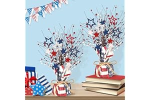 Kenburg 2 Packs 4th of July Artificial Tree Tabletop Decor Patriotic Tree Red Blue White Artificial Berry Stem Picks Wooden Star Shaped America Flag Cotton Base Farmhouse Tree for Independence Day