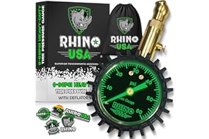 Rhino USA Heavy Duty Tire Pressure Gauge (0-60 PSI) - Certified ANSI B40.1 Accurate, Large 2" Easy Read Glow Dial, 360 Swivel Head, Solid Brass Hardware, Best for Any Car, Truck, Motorcycle, RV