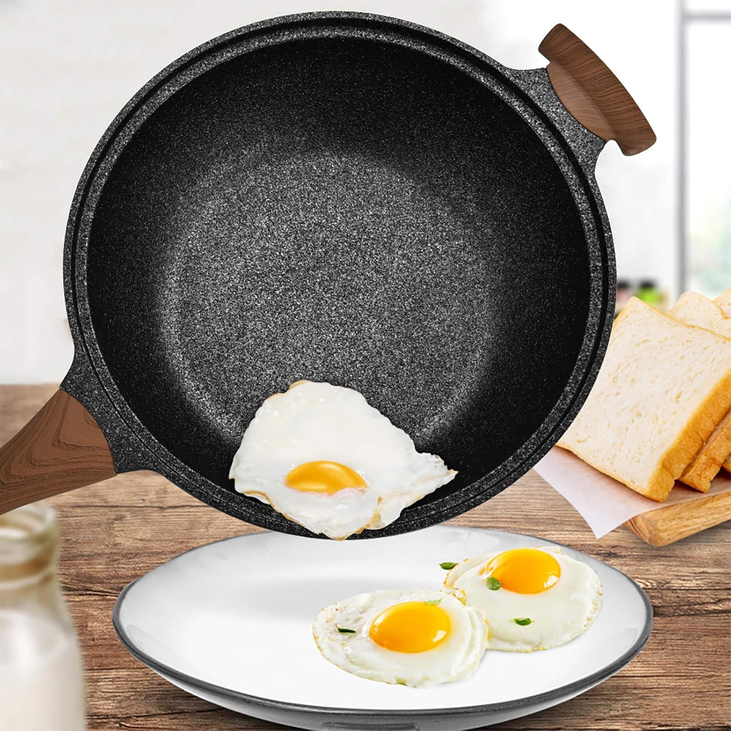 Wok pan carbon steel wok For electric Induction And gas stoves, 12.5 inch non-stick wok With wooden lid And spatula: Kitchen & Dining