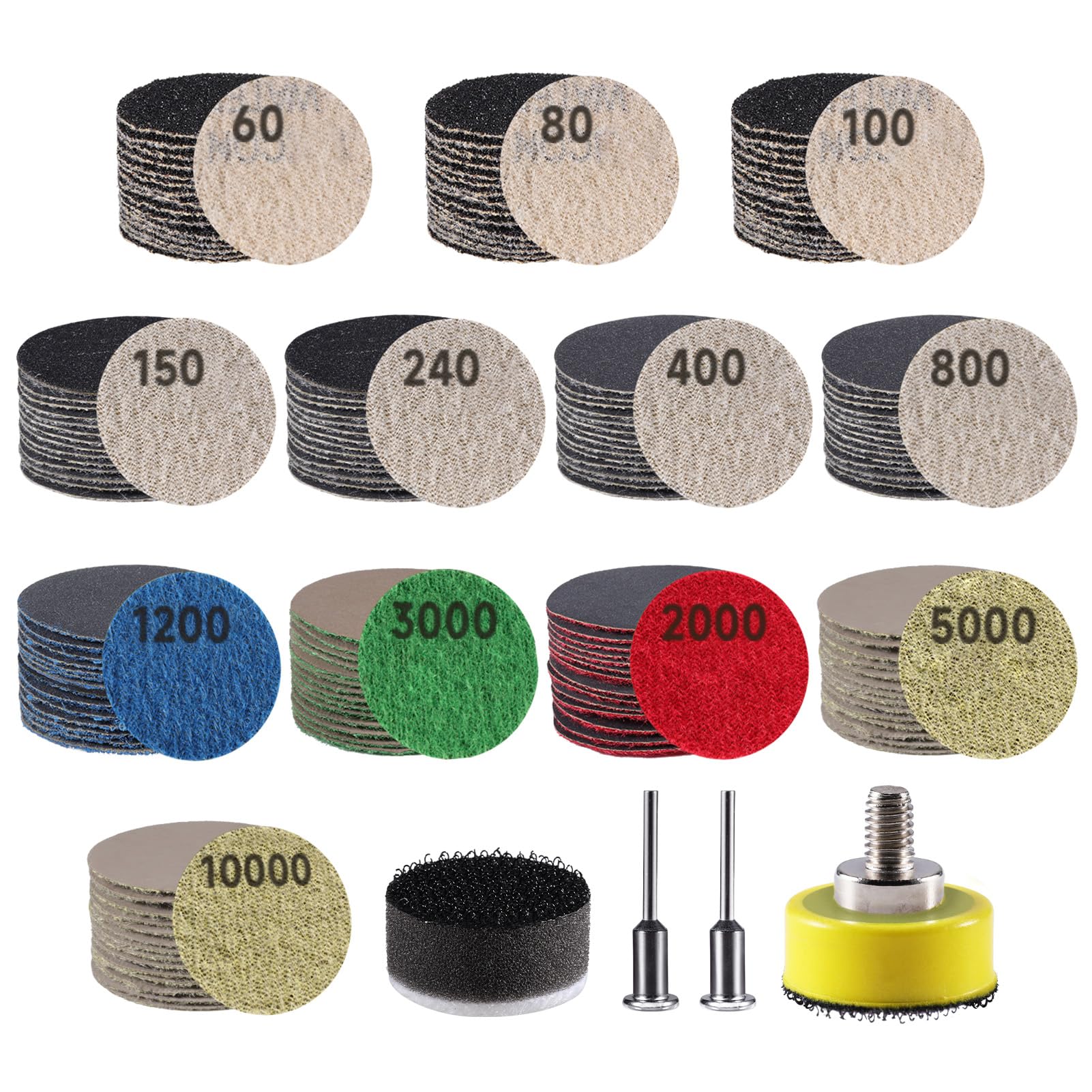 185 PCS 1 Inch Sanding Discs, GOH DODD Hook and Loop 60 to 10000 Grit Wet Dry Sandpaper Micro Sand Paper with 1/8" 1/4" Shank, Backing Pad, Foam Sanding Pads for Auto Wood Metal Glass Resin
