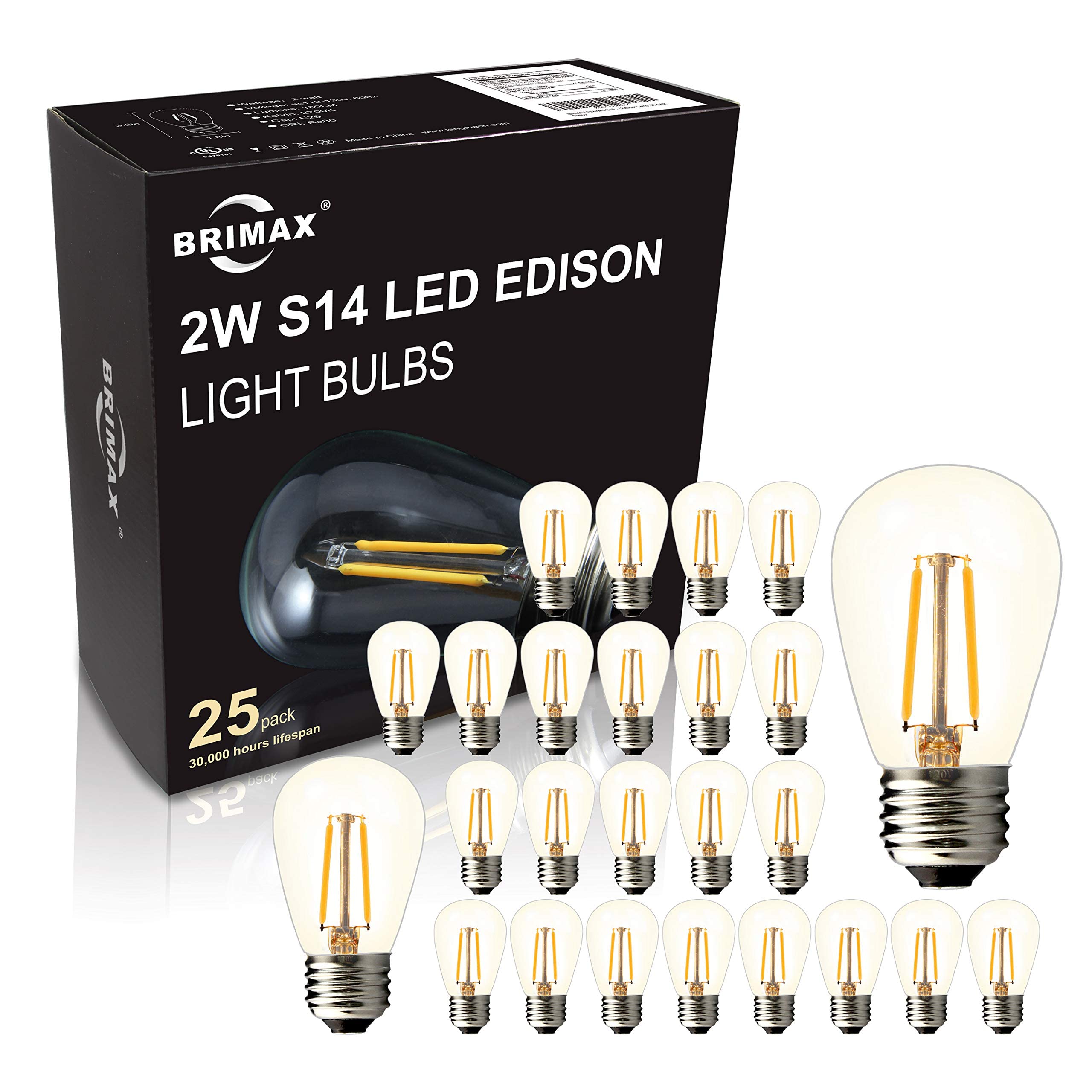 BRIMAX 25PACK 2W S14 LED Outdoor Edison Light Bulbs for String Light Replacement, Shatterproof, E27 Base, Warm White 2700K, Non-Dimmable, 2Watt to Replace 11w/20w/25w Incandescent Bulb