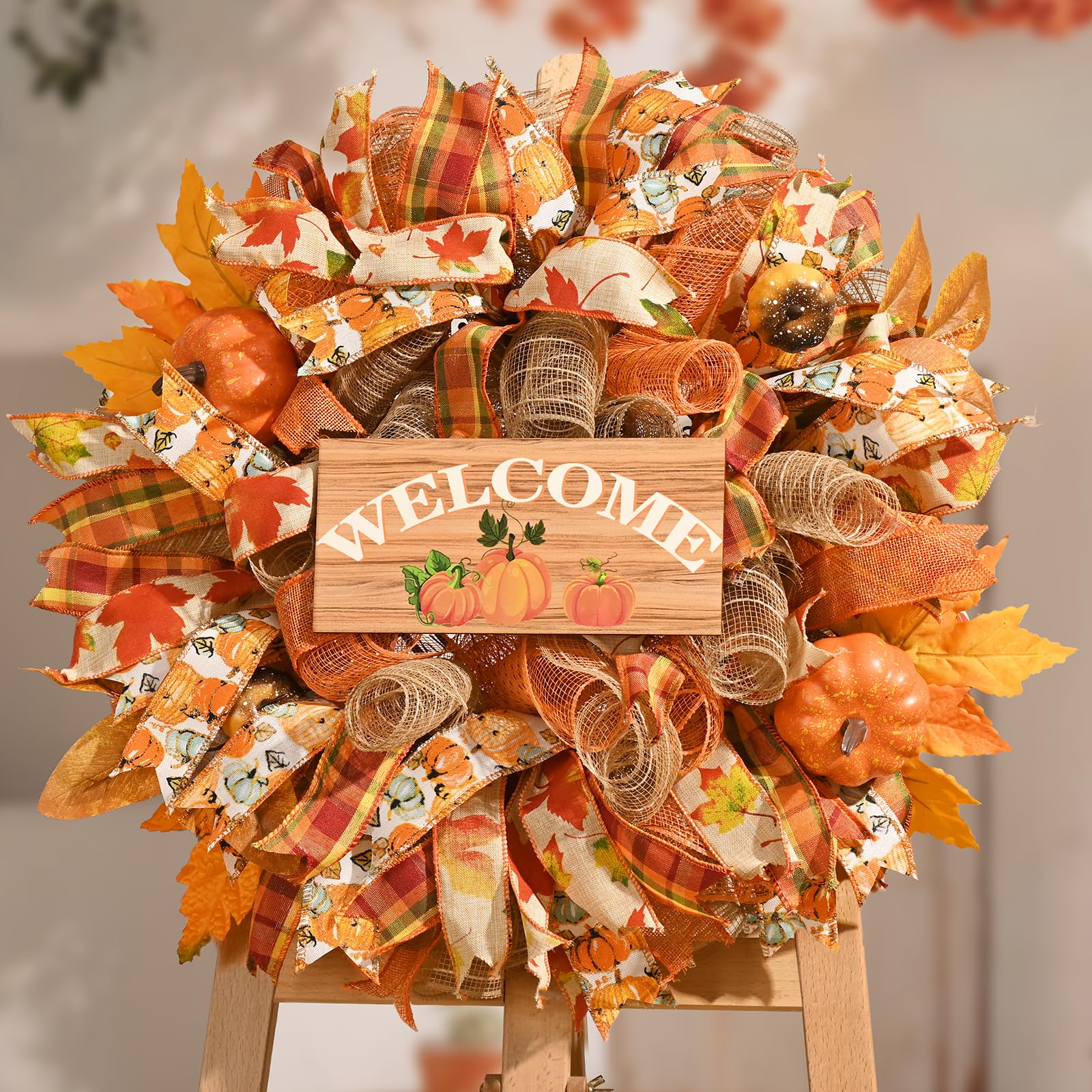Photo 1 of Waipfaru Fall Wreaths for Front Door, Fall Mesh Wreath with Wooden Sign Fishnet Yarn Autumn Pumbkin, Thanksgiving Halloween Decorations for Home, Porch Decor(18-20 Inch)