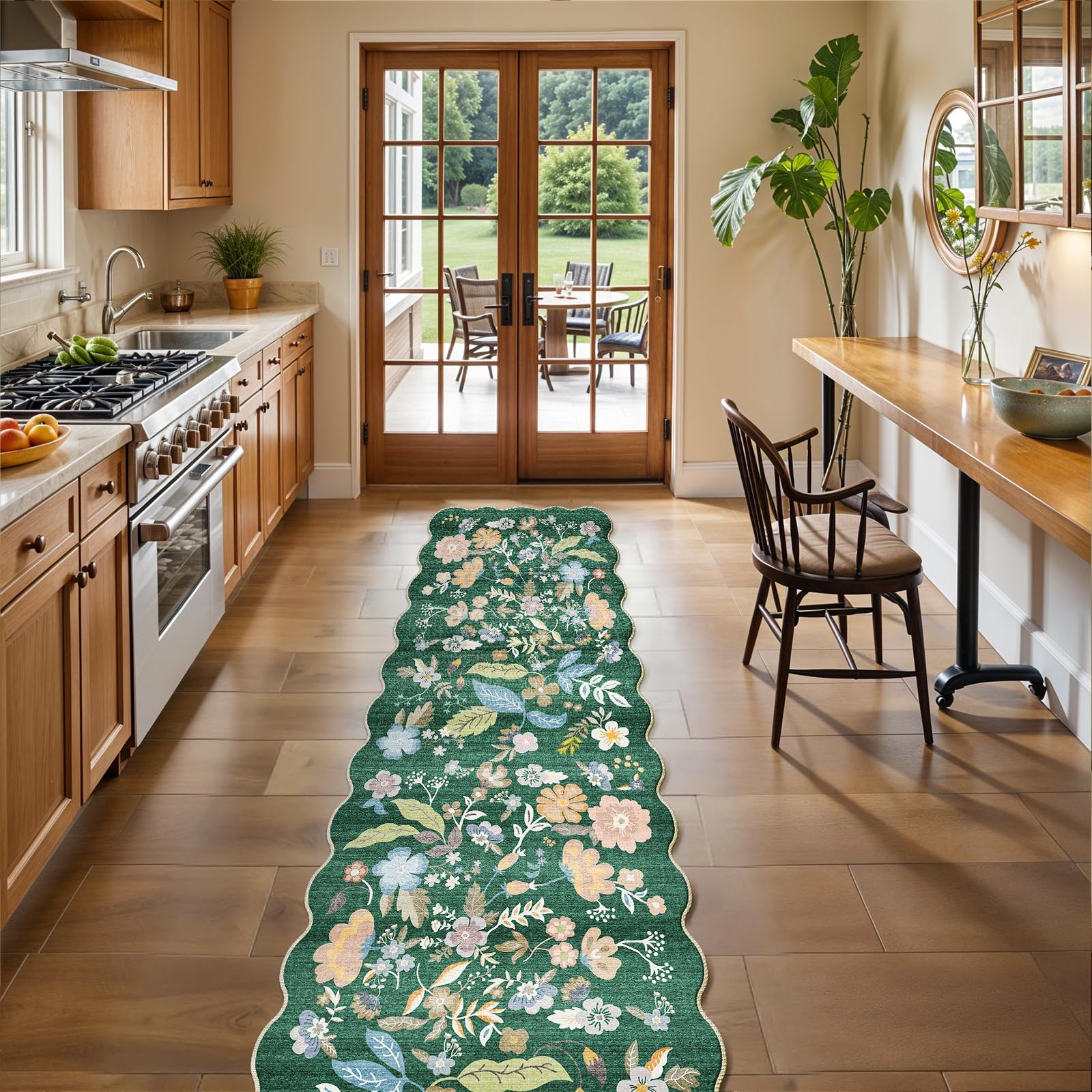 Photo 1 of 2x10 Scalloped Hallway Runner Rug – Non-Slip Washable Farmhouse Floral Carpet Runner for Kitchen, Entryway, Bedroom, Living Room – Soft Rubber Backed Thin Long Floor Runner (Green, 2x10)