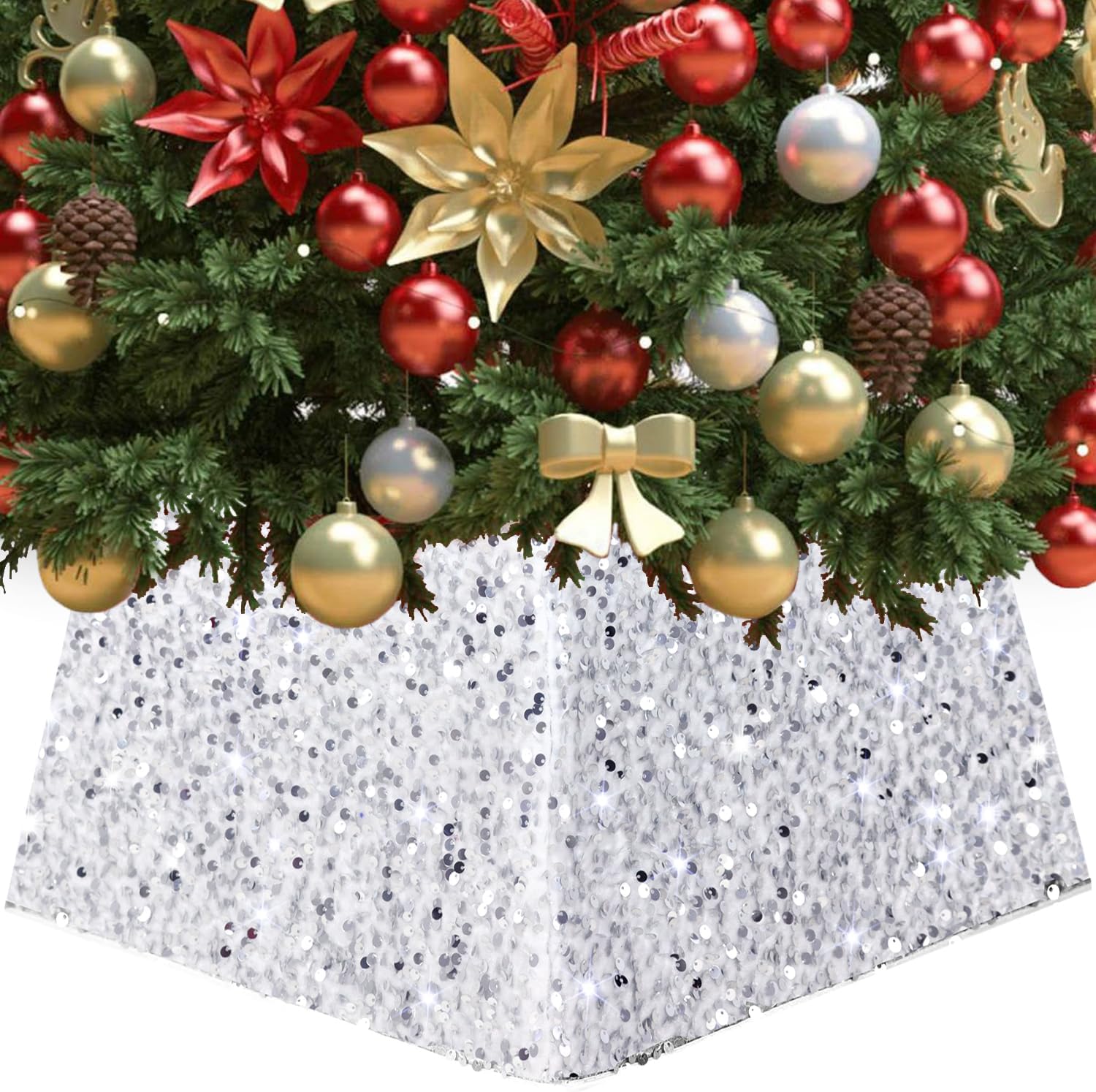Tree Stands - FANPROMS White Christmas Tree Collar Sequin Christmas Tree Ring Folable Christmas Tree Collar Xmas Tree Stand Base Cover for Christmas Tree Ornament Vintage Tree Collar for Xmas Decorations