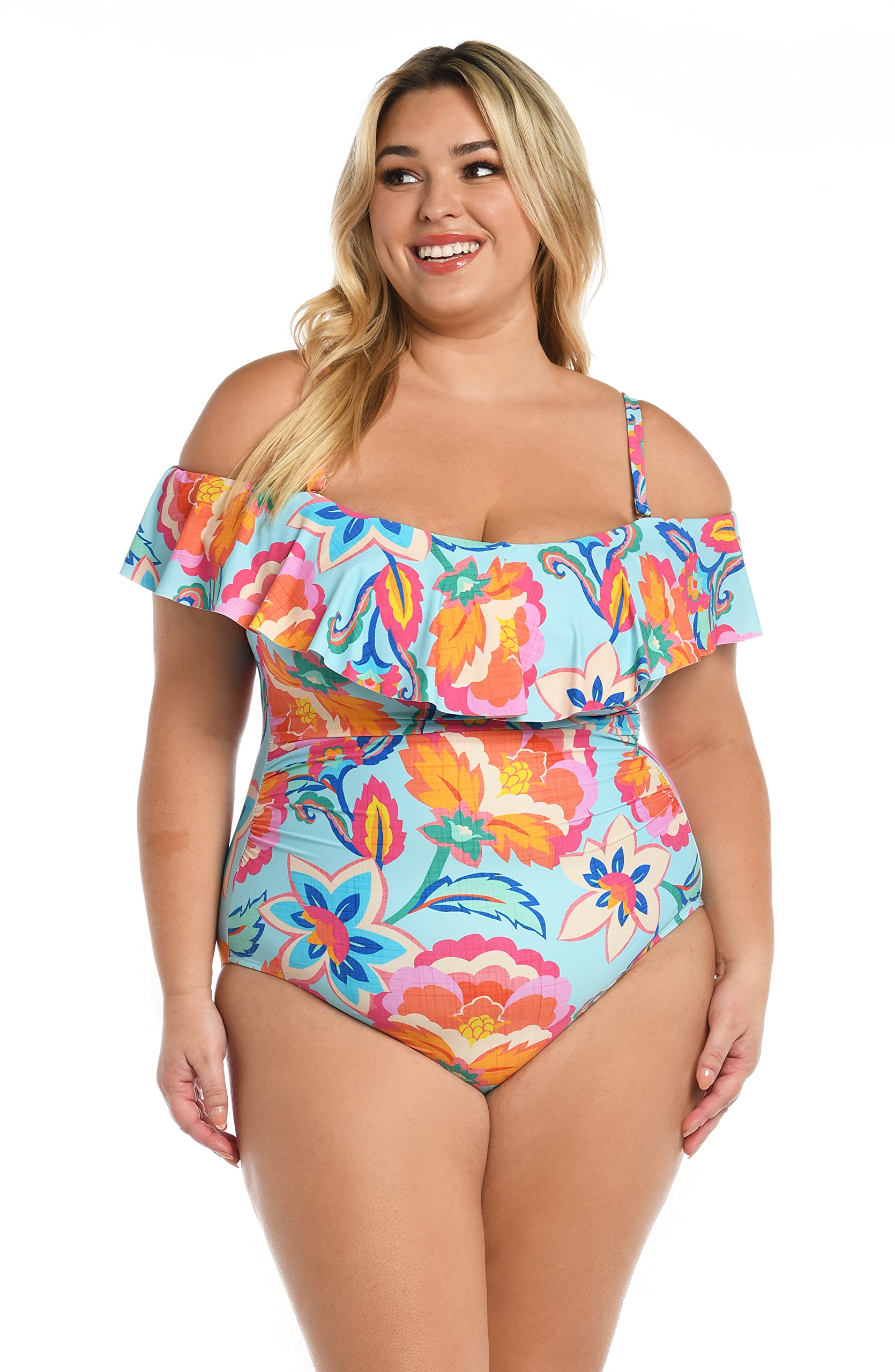 La Blanca Women’s Off Shoulder Ruffle One Piece Swimsuit, Multi//Breezy Beauty, 10
