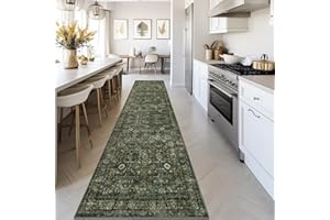Morebes Vintage 2x10 Runner Rug for Hallway Non Slip,Washable Kitchen Runner Rug for Entryway Indoor,Super Soft Faux Wool Rug for Farmhouse Dining Room Indoor Playroom, Dark Green