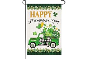 Doncida St Patricks Day Shamrocks Truck Garden Flag 12x18 Inch Double Sided, Burlap Lawn Buffalo Plaid Yard Flag for Outside Decoration