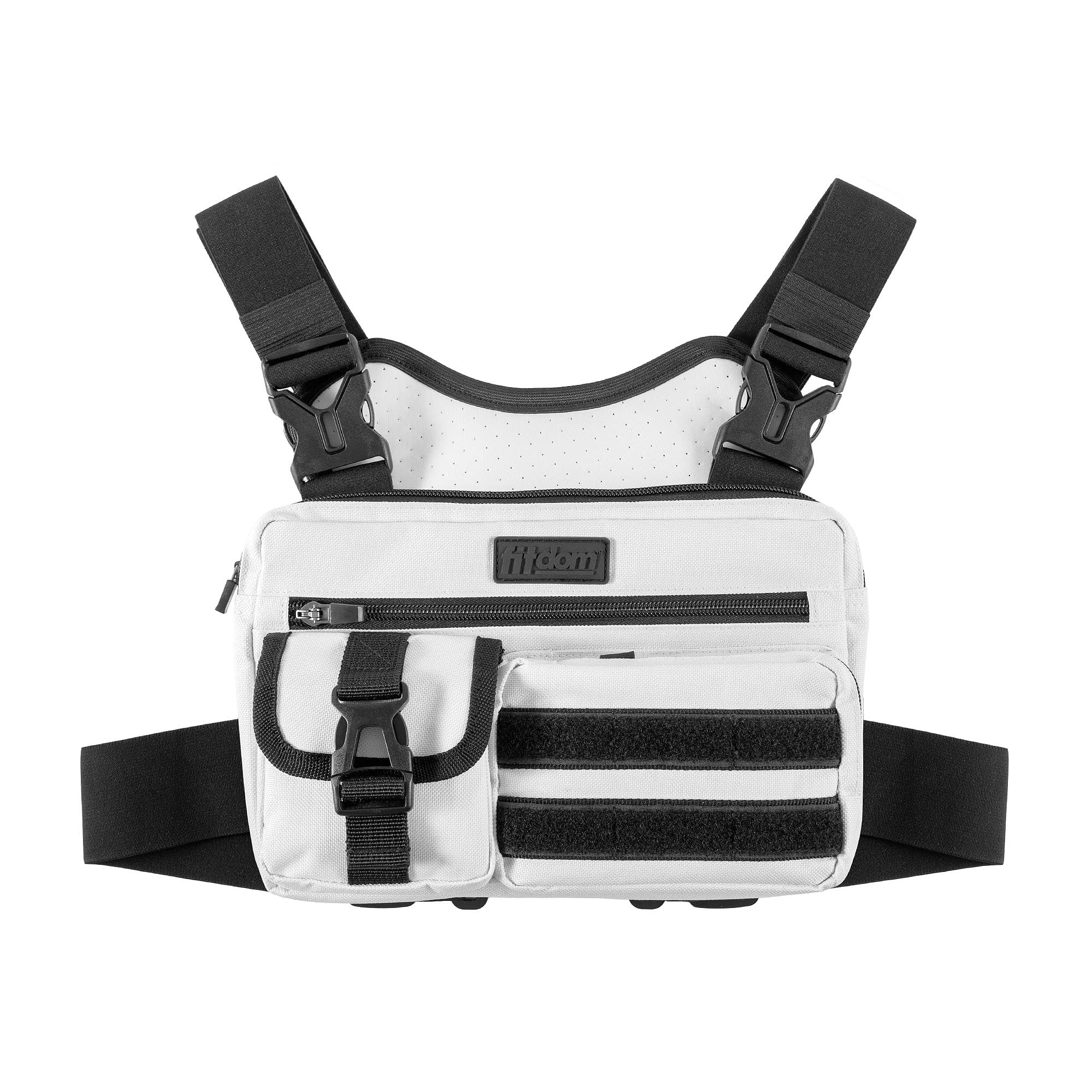 Fitdom Tactical Inspired Sports Utility Chest Pack. Chest Bag for Men with Built-in Phone Holder. This EDC Rig Pouch Vest is Perfect for Workouts, Cycling & Hiking, White, Vest Fit