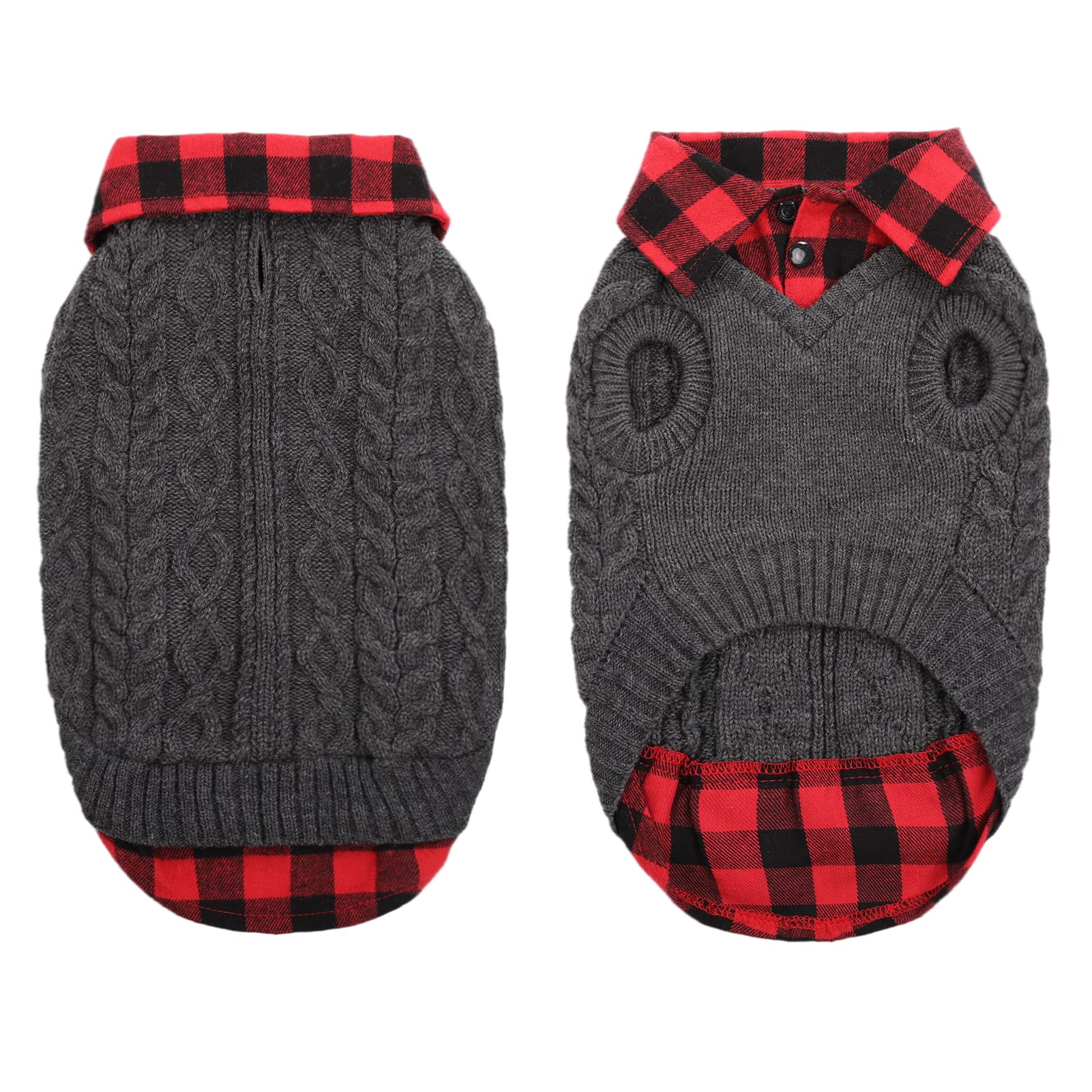 CITÉTOILE Winter Dog Jumper for Dogs, Classic British Plaid Shirt Collar, Fake Two Pieces Warm Knitted Dog Sweater for Puppy Dog Cat, Pet Clothes Outfit for Christmas/Halloween, Grey, S