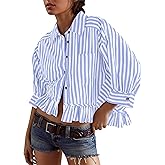 Sdipipo Womens Casual Oversized Striped Button Down Shirt 3/4 Sleeve Cropped Peplum Ruffled Hem Babydoll Blouse Tops