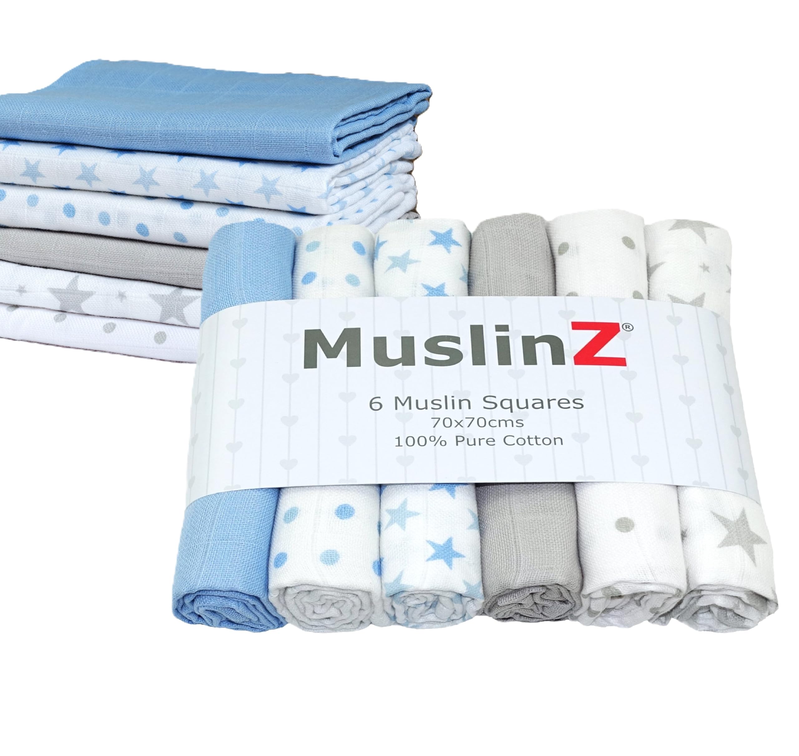 MuslinZ Muslin Cloths for Baby - Baby Burp Cloths - 6 Pack Muslin Squares - Large 70x70cm - Pure Cotton - Soft, Absorbent & Breathable - Multi Use Newborn Cloths - (Bright Blue And Grey Mix)