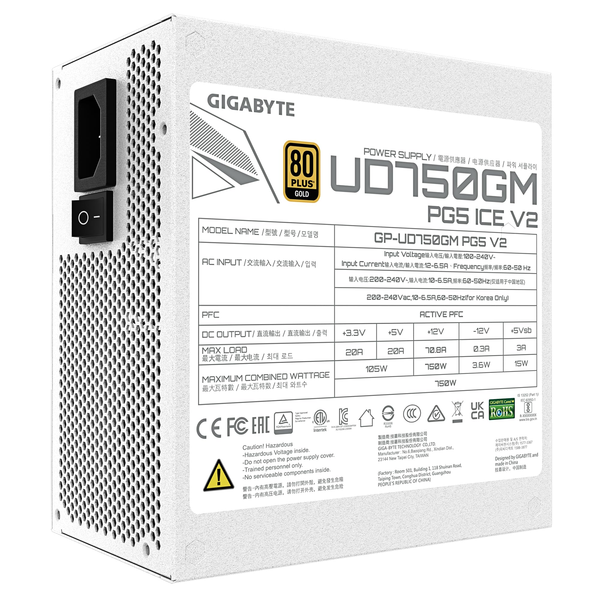 Gigabyte Ud750Gm Pg5 V2 Ice Power Supply Unit- Pcie Gen 5.1, 80 Plus Gold, Fully Modular Design, 120Mm Fan, Atx 3.1 Compatible, Uk Plug - View 6