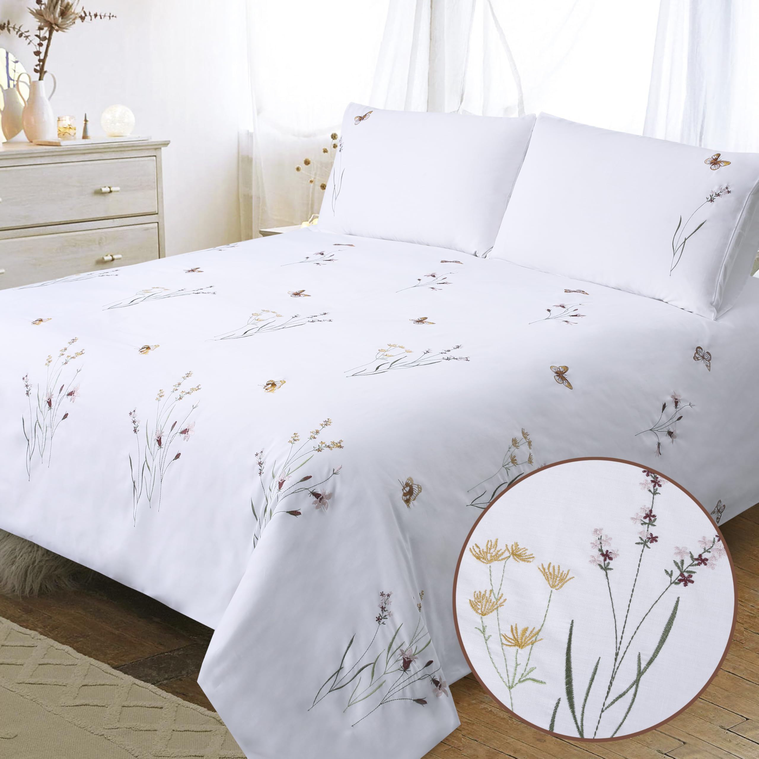 YINFUNG Bedding Sets King Size White Cotton Duvet Cover Sets Butterfly Floral Bedding Flower Embroidered Breathable Quilt Cover with 2 Pillow Cases (White, King 230x220 cm)
