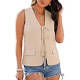 luvamia Linen Vest for Women Trendy Sleeveless Tie Front Tops Summer Casual Top Waistcoat Suit Vests with Pockets