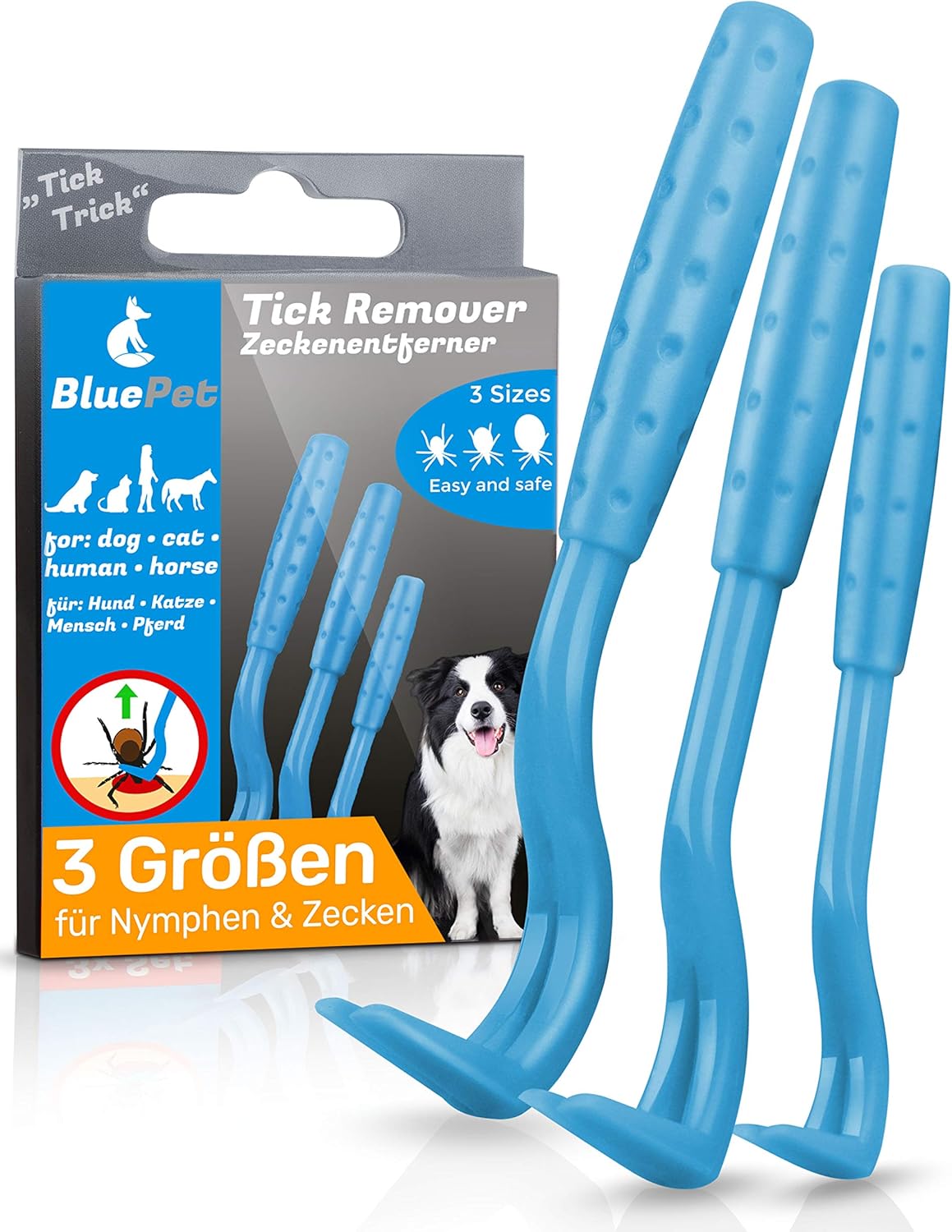Bluepet® Zeckenhaken Menschen, Hunde, Katzen, Pferde 3-Größen Set blau. Schmerzlose, sichere Zeckenentfernung ohne versehentliches Zerquetschen Bild 1