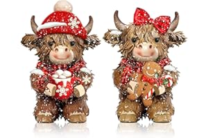 Burbell 2 Pcs Christmas Highland Cow Figurines Decor Cow Gnomes with Santa Hat Christmas Resin Statue Calf Lovers Gifts for Farmhouse Home Garden Bathroom Kitchen Office Tiered Tray Table Decor
