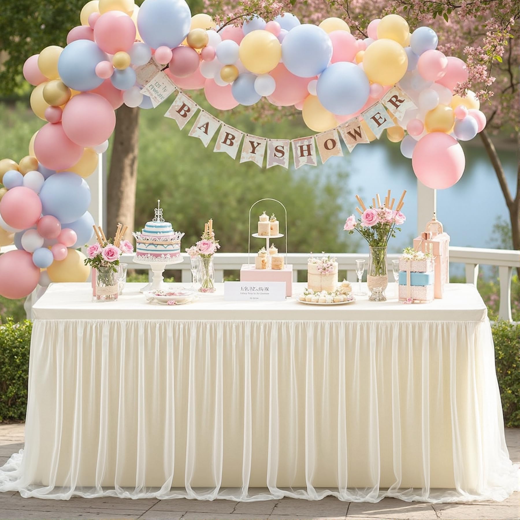 Photo 1 of 2-in-1 Ivory Tablecloths for 6 Foot Rectangle Tables with Tulle Table Skirt Wedding Table Cover Stretchy Fitted Ruffle Tutu Tablecloth for Baby Shower Reception Birthday Parties Celebration Banquet