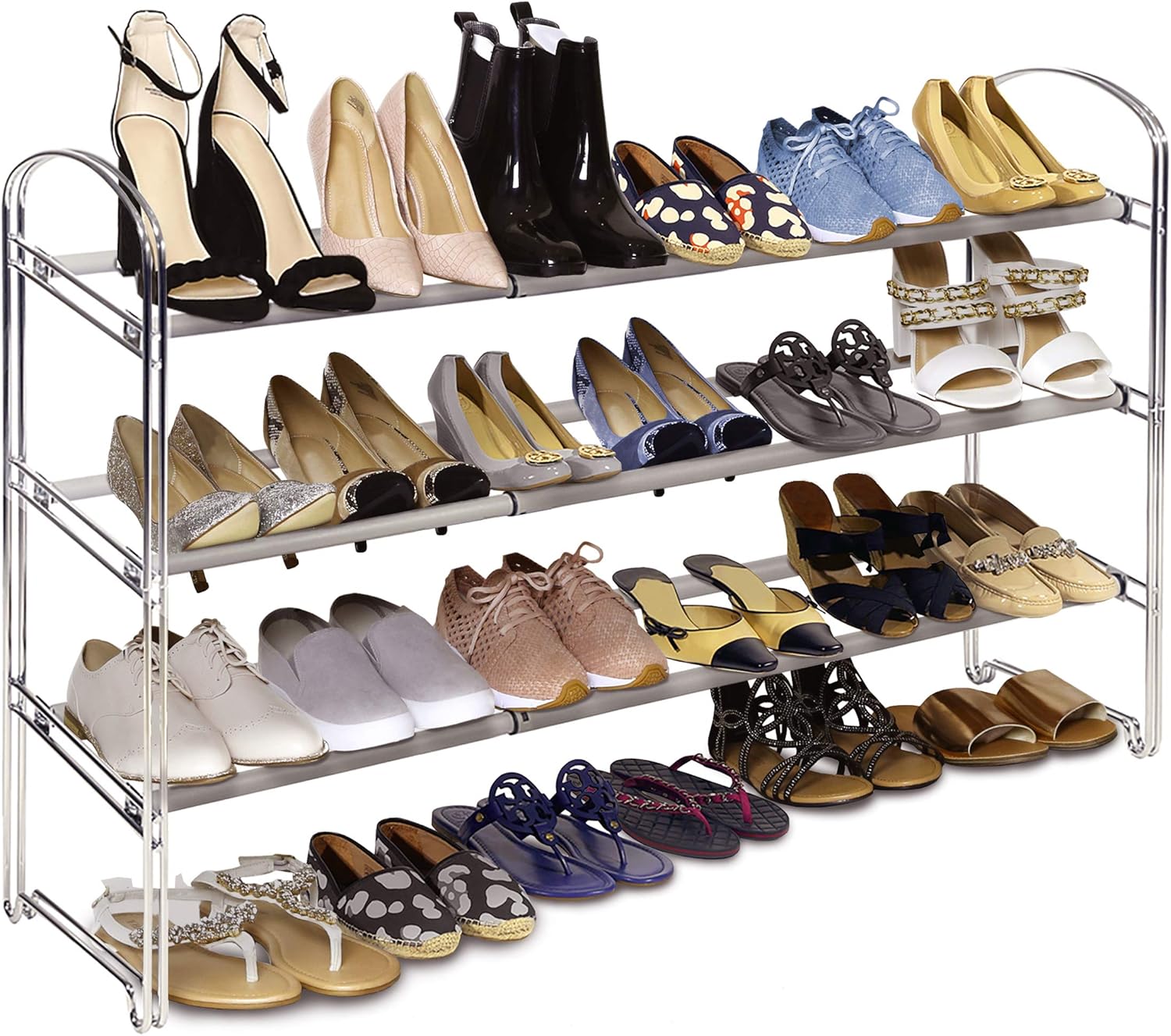 Seville Classics 3-Tier Expandable 24-Pair Shoe Rack Non-Slip Metal Freestanding Closet, Entryway, Bedroom Footwear Organizer, Chrome Poles: Home & Kitchen