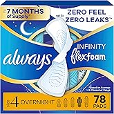 Always Infinity Feminine Pads for Women, Flexfoam Pads with Wings, Size 4, Overnight Absorbency, Unscented, 78 Count (3 Packs of 26)