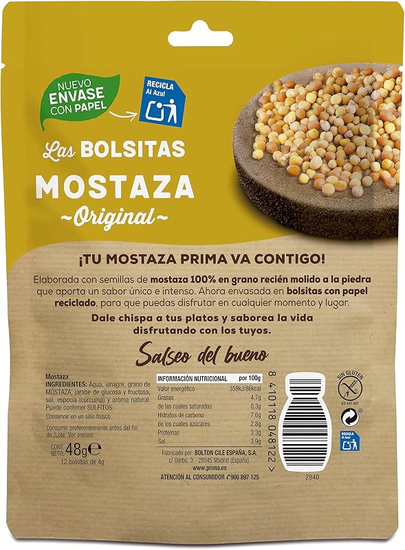 mostaza sabor intenso y único. Elaborada con semillas de mostaza. 12 bolsitas