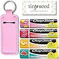 Set of 4 Chapsticks: Strawberry Ice Pop, Pink Lemonade, Peaches & Cream, Sweet Watermelon. Limited Edition by Chapstick I Love Summer Collection. Includes Lip Balm Holder Keychain (Pink)