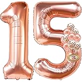KatchOn, Rose Gold 15 Balloons Number - Giant, 40 Inch | Rose Gold 15 Balloons With Confetti Balloons | 15th Birthday Decorations for Women | Number Balloons for 15th Happy Anniversary Decorations