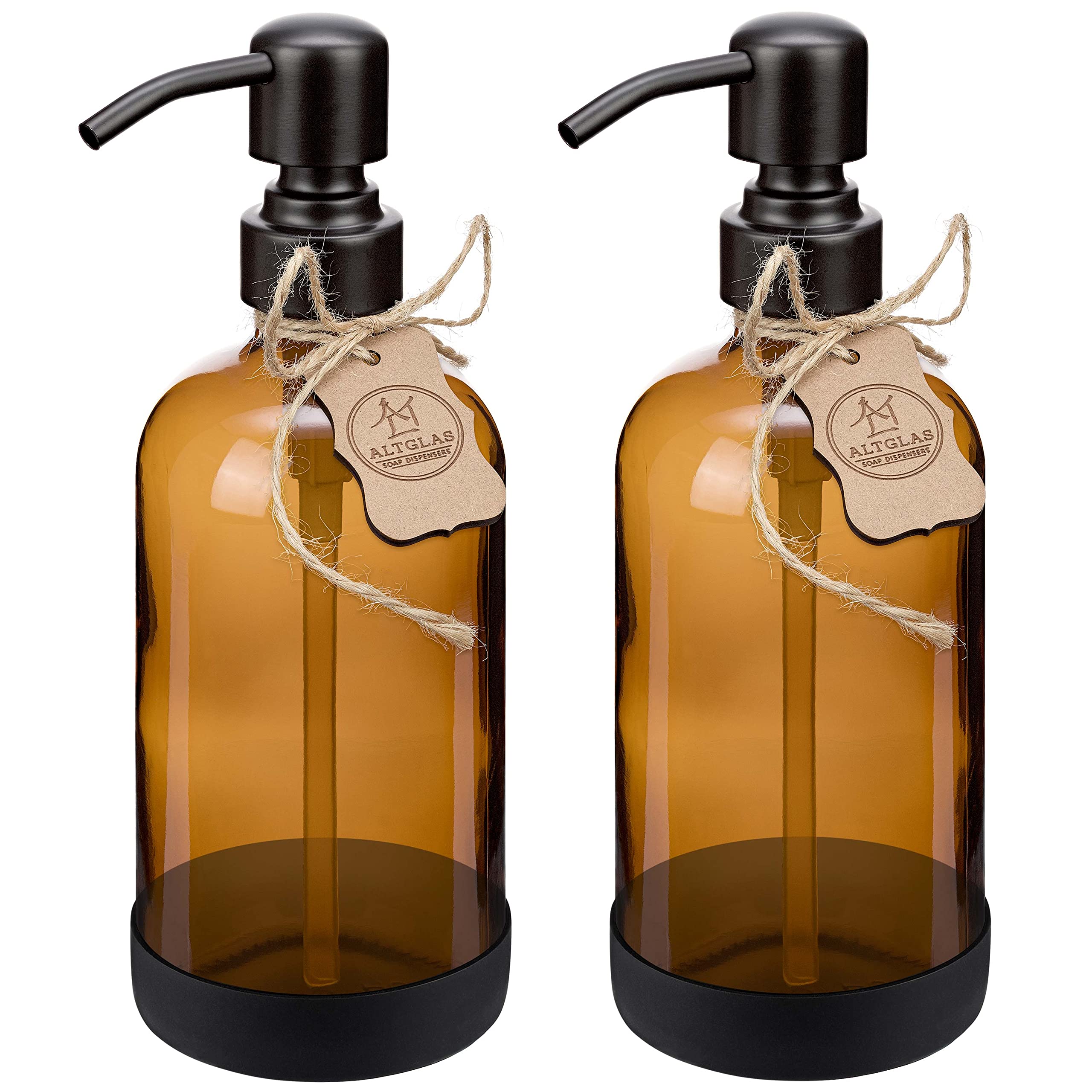 ALTGLAS Refillable Glass Soap Dispenser 'Sarajevo' from Amber Bottle with Silicone Coaster and 304 Stainless Steel Pump in Matt Black (500ml, Set of 2)