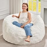 Hobestluk Large Bean Bag Chairs 3FT Big Adults BeanBag Chairs Plaid Cover | Memory Foam,Washable Cover,Unique Fluffy Plaid,Comfy Adult BeanBag with Filler Lounging Reading Bedroom Dorm Room | White 3FT