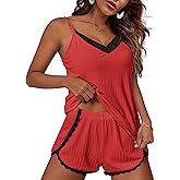 Ekouaer Womens Pajama Sets Soft Lingerie Sleepwear 2 Piece Cami Shorts Set V Neck Pj Lace Nightwear