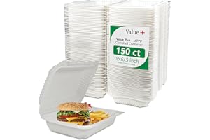 Value Plus [9''x6''x3'' - 1 Compartment 150-Pack] White Clamshell Take Out Food Containers MFPP, Disposable Clamshell To Go C