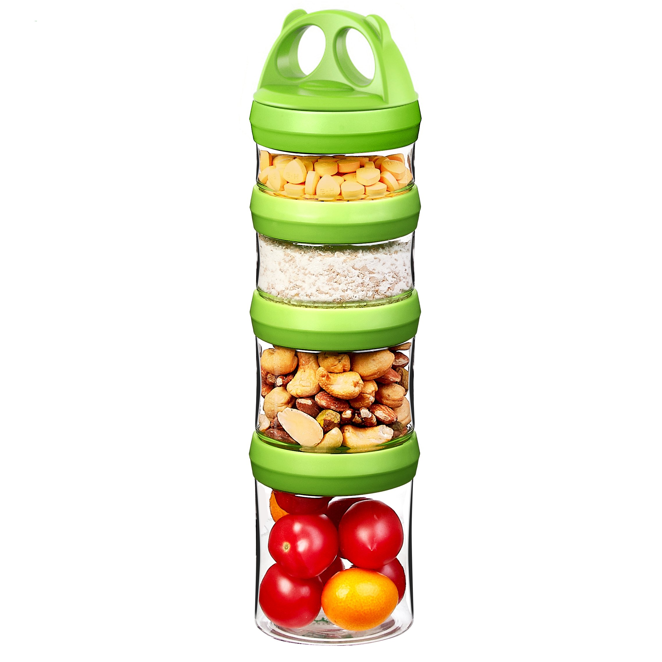 Photo 1 of SELEWARE Portable Stackable Food Storage Containers for Snacks Formula Powder and Drinks Twist Lock System Airtight Leak-proof BPA and Phthalate Free 4 Piece Jars 31oz Green
