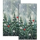 Winter Watercolor Tree Hand Towels for Bathroom 2 Packs Christmas Dark Green Pine Trees Kitchen Towels Misty Forest Cardinal Holiday Super Soft Fast Drying Washcloths for Home Hotel Gym