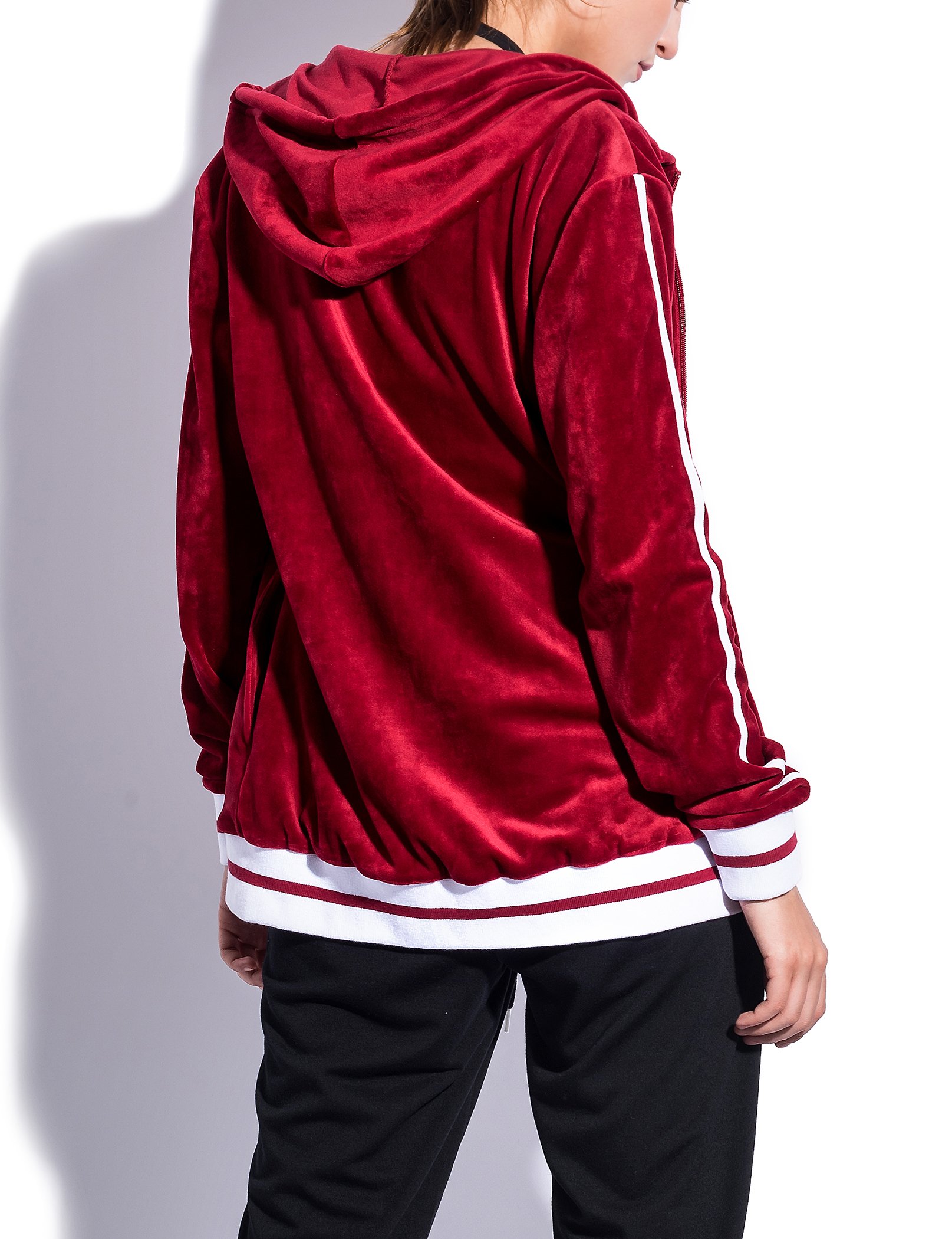 SPECIAL MAGIC Women\'s Ultra Soft Striped Velvet Zip Up Jacket Hoodie With Pockets Wine Red M